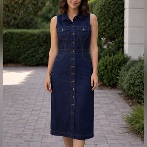 eShakti Blue Denim Dress with Brown Accents